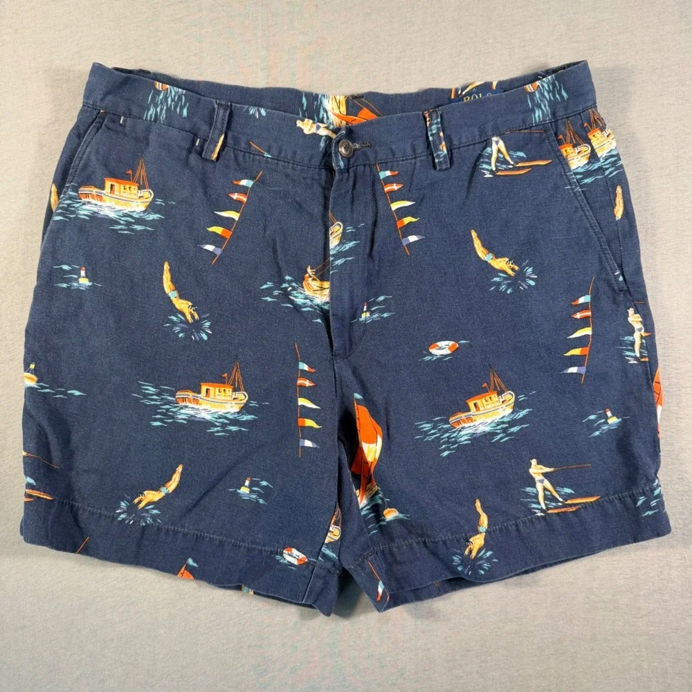 Polo Ralph Lauren Mens Navy Nautical Boat Swimmer Print Cotton Linen Shorts 35